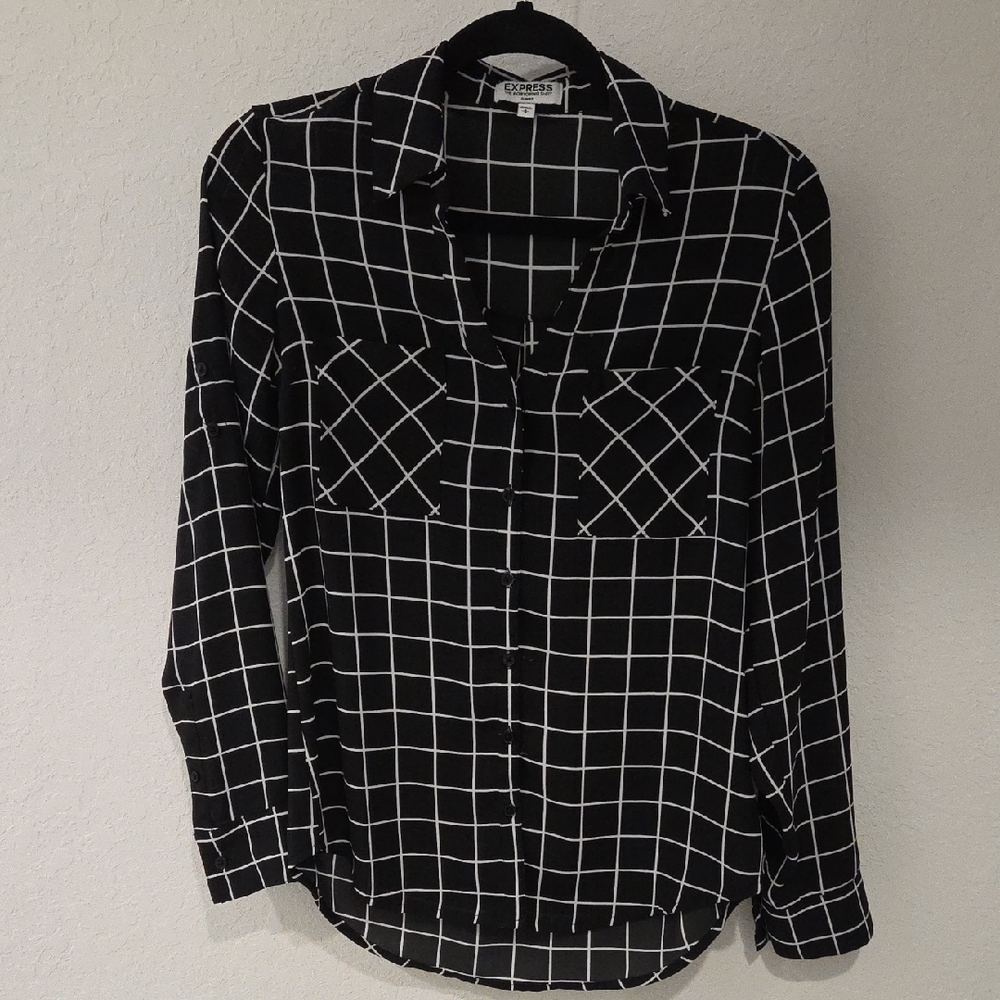 Express Black and White Grid Button Down Shirt